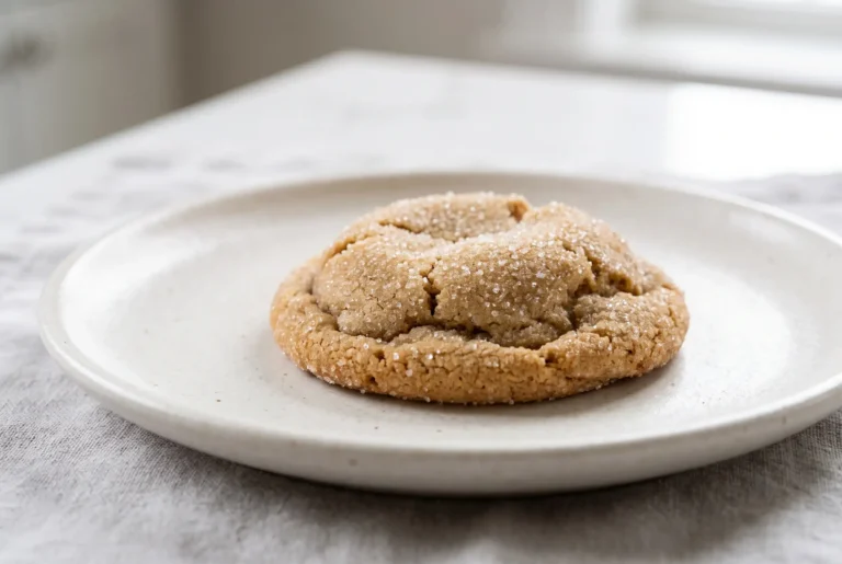 Brown sugar cookie with a sugar-coated exterior and tender center on a ceramic plate