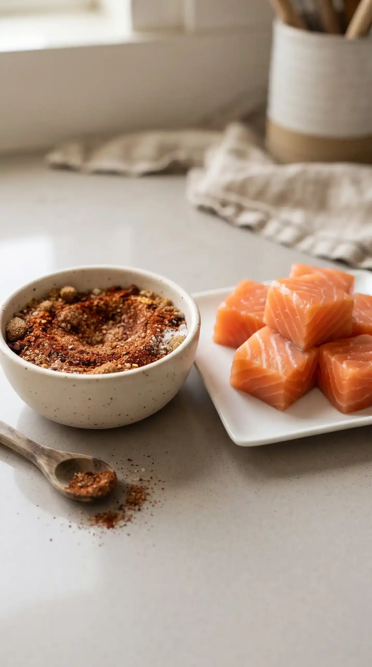 Brown sugar spice coating mixture with salmon cubes ready for air fryer salmon preparation