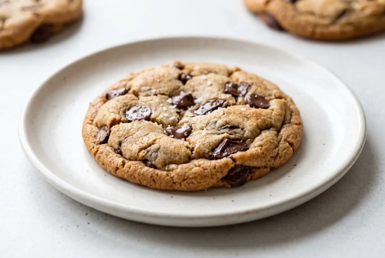 Browned butter chocolate chip cookie with melted chocolate chips on a ceramic plate