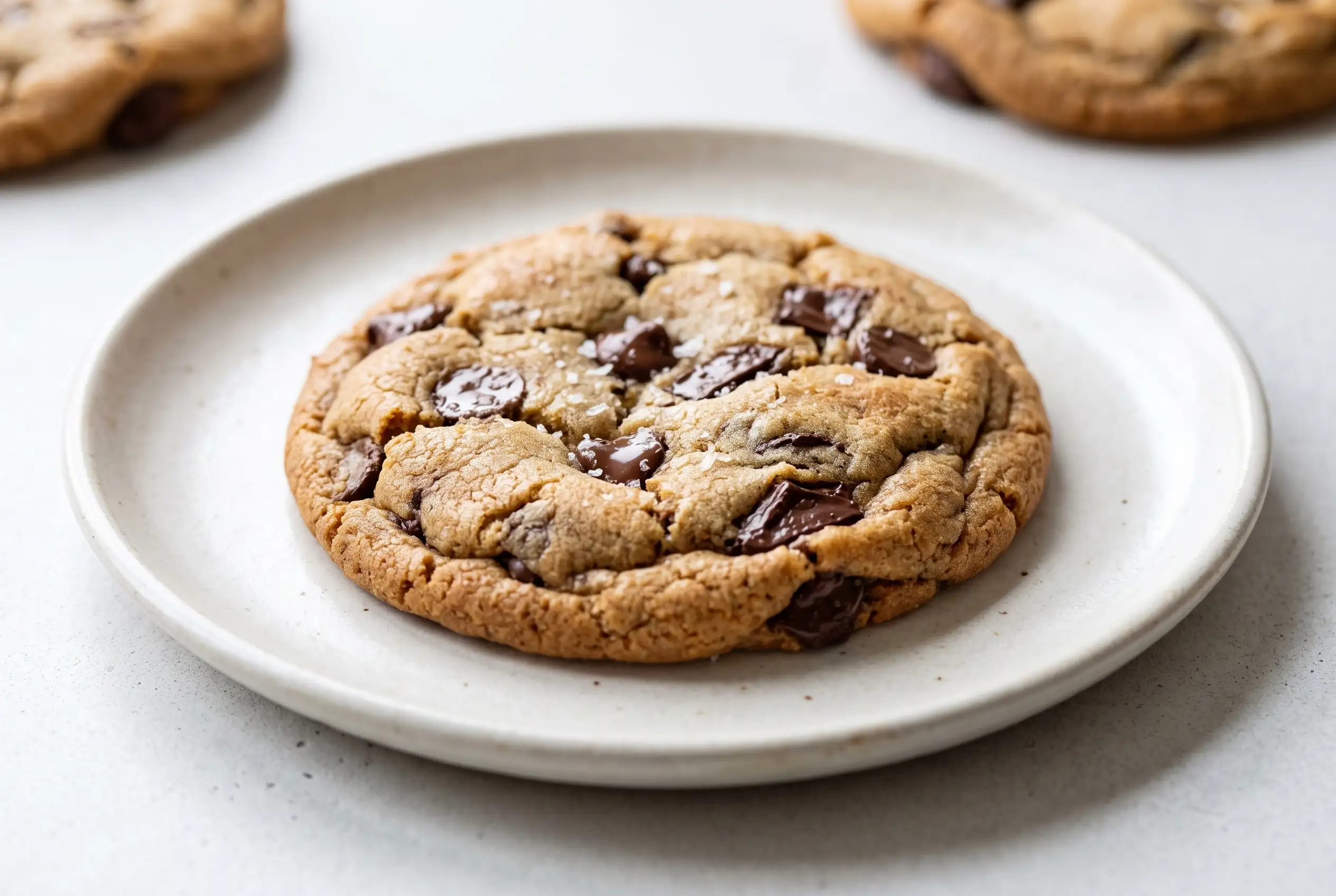 Browned butter chocolate chip cookie with melted chocolate chips on a ceramic plate