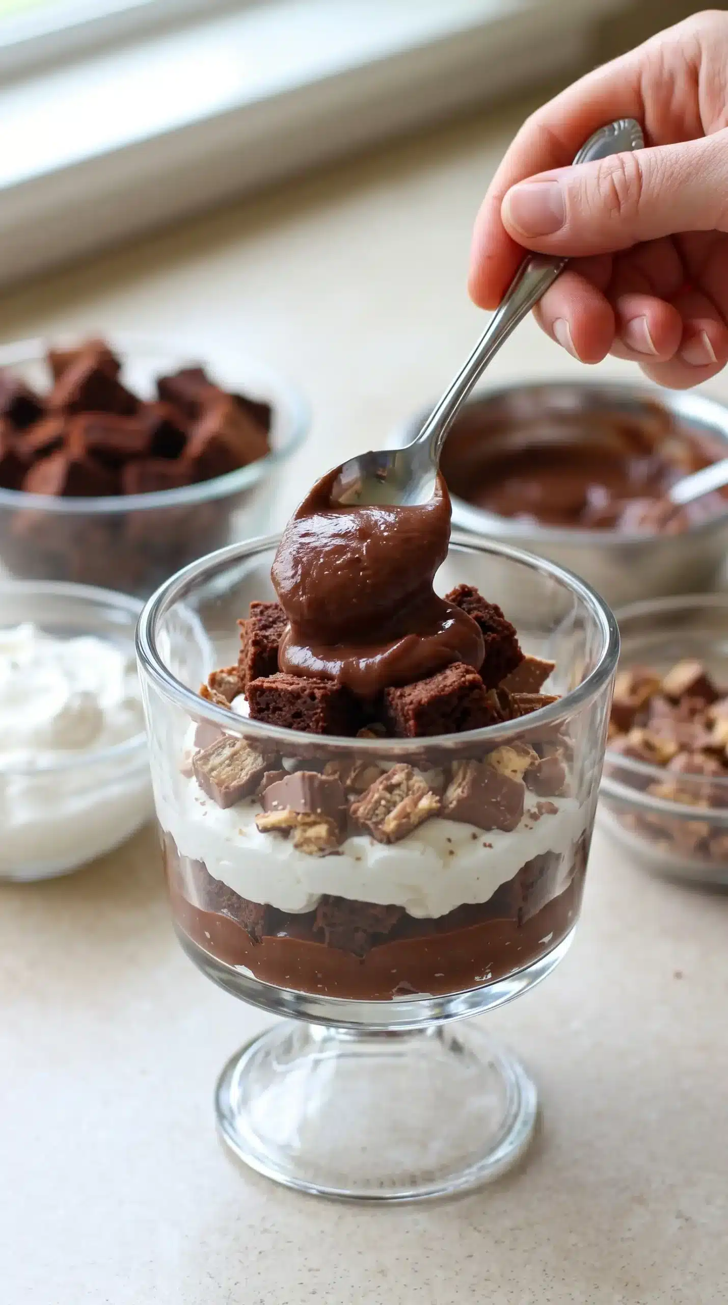 Glass cup being layered with chocolate pudding, brownie cubes, whipped cream, and candy