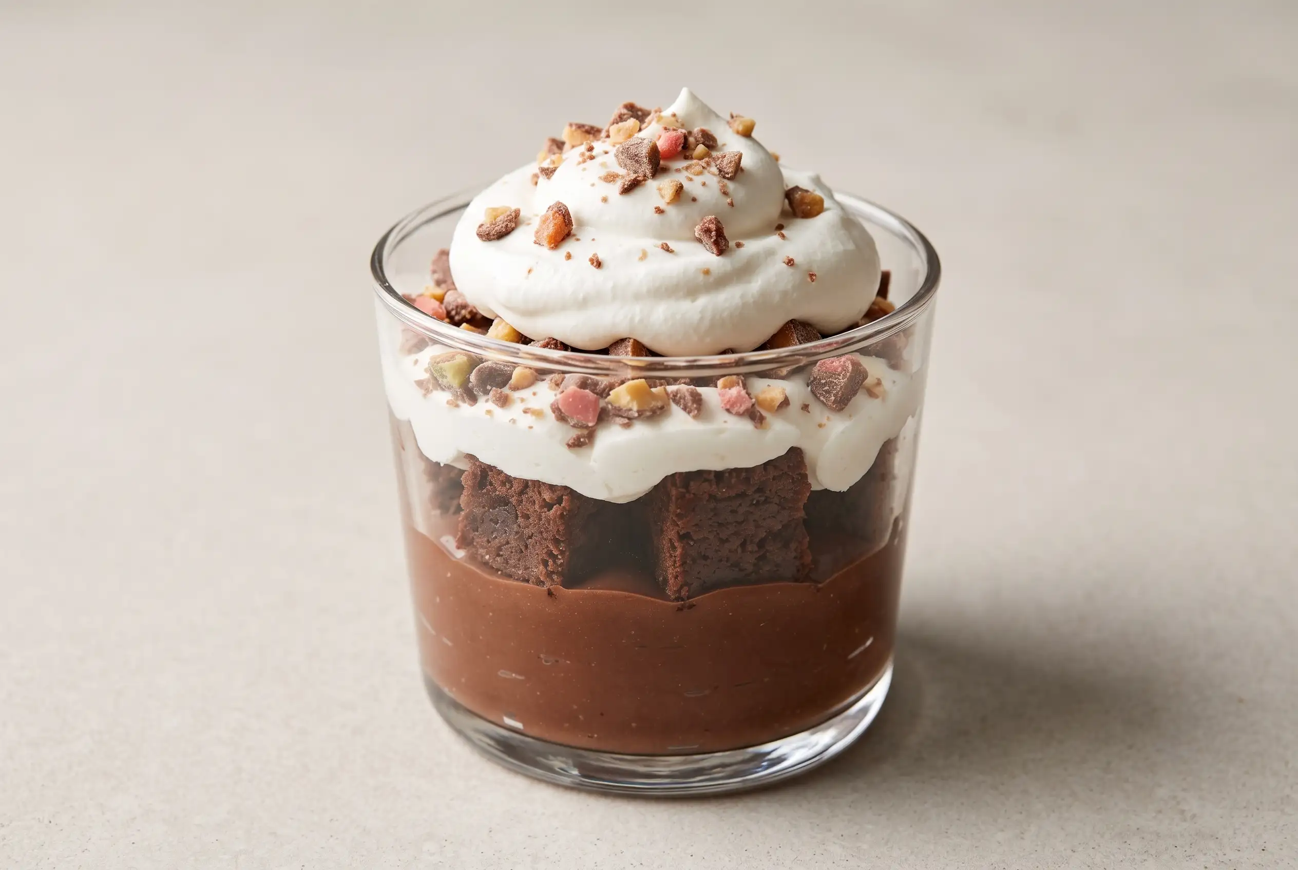 Brownie fudge trifle in a glass cup with chocolate pudding, brownie cubes, whipped cream, and candy topping