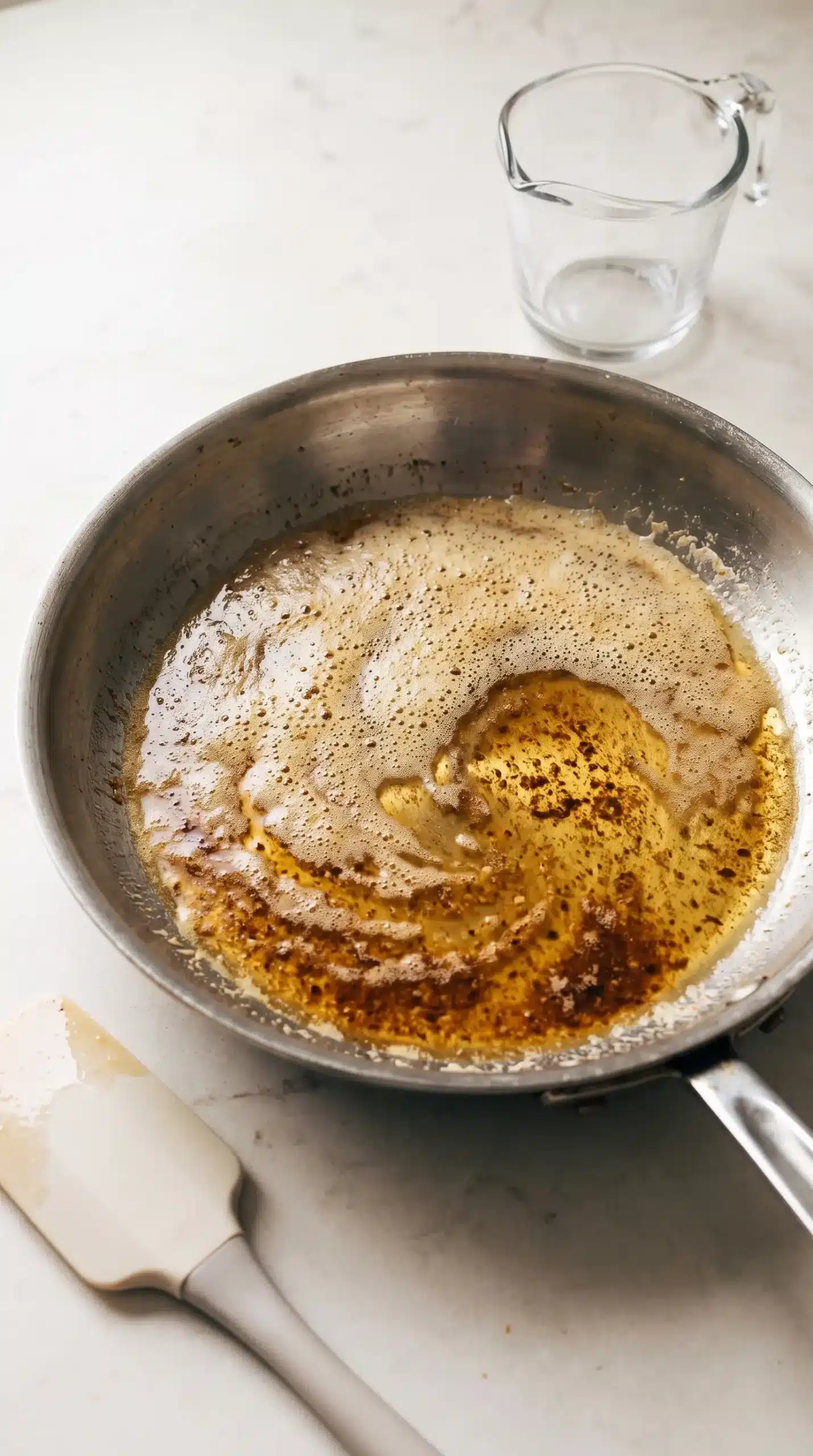 Butter browning in a skillet with toasted milk solids for cookie preparation