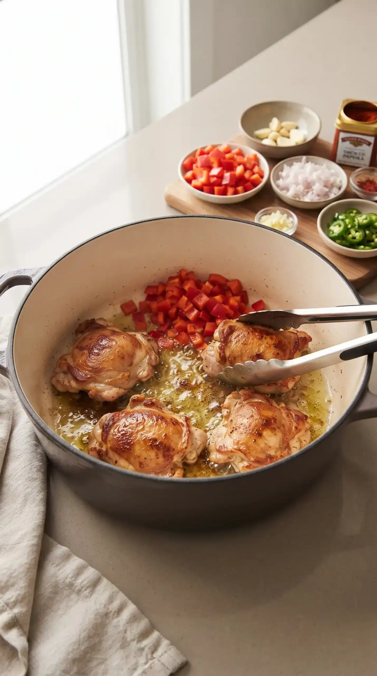 Chicken thighs browning with peppers, shallot, garlic, and jalapeño in a Dutch oven