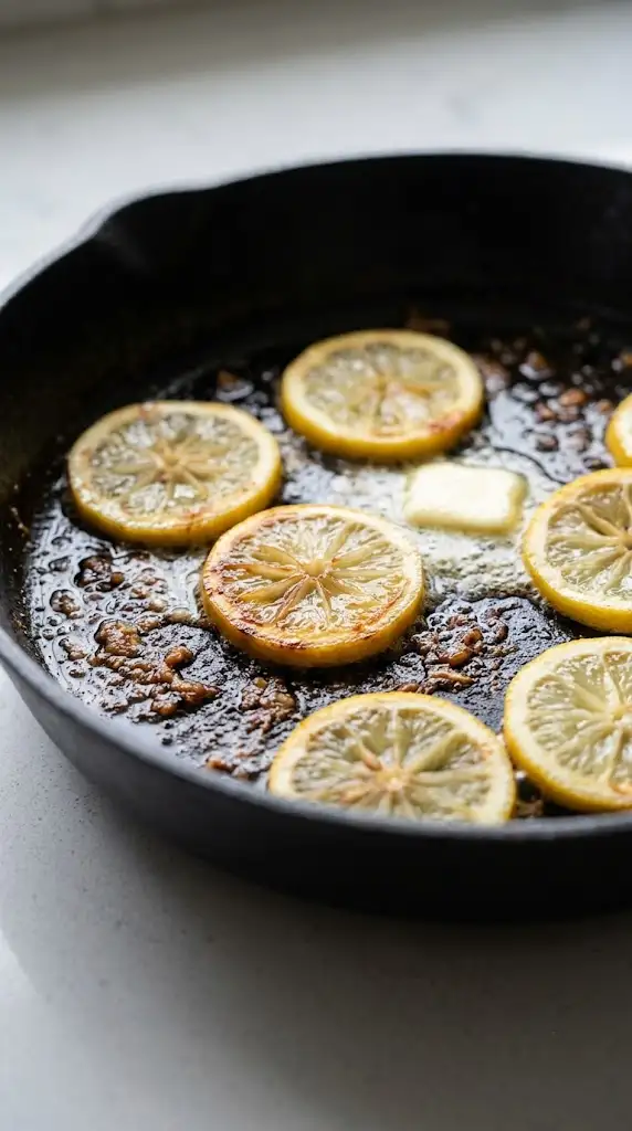 Lemon slices browning in a butter skillet with chicken pan juices