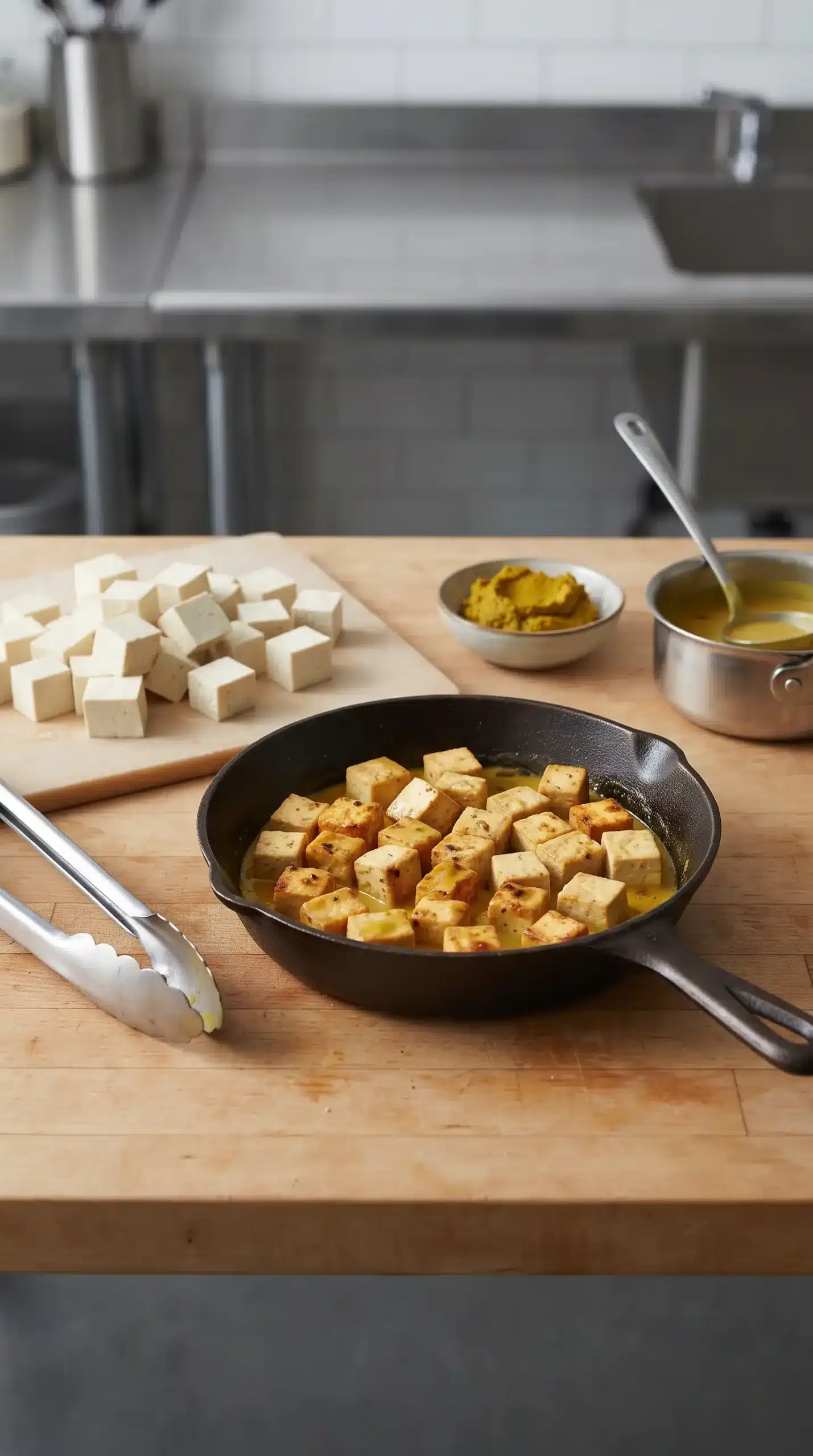 Pressed tofu cubes browning in a skillet for vegetarian coconut curry soup