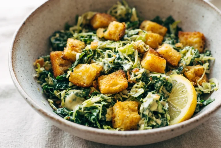 Brussels and kale Caesar salad with avocado dressing and croutons in a ceramic bowl