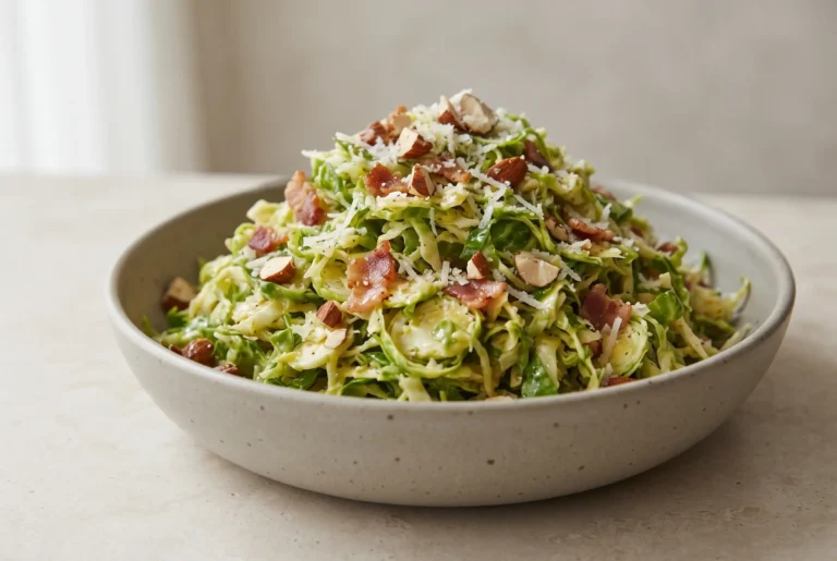 Brussels sprout salad with bacon, citrus dressing, almonds, and Pecorino cheese in a bowl