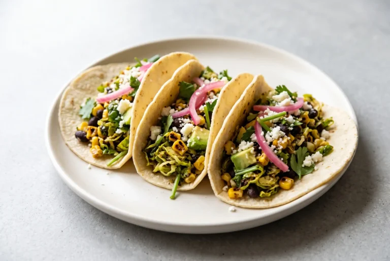 Brussels sprouts tacos with roasted corn, herbs, avocado, and cotija on a plate