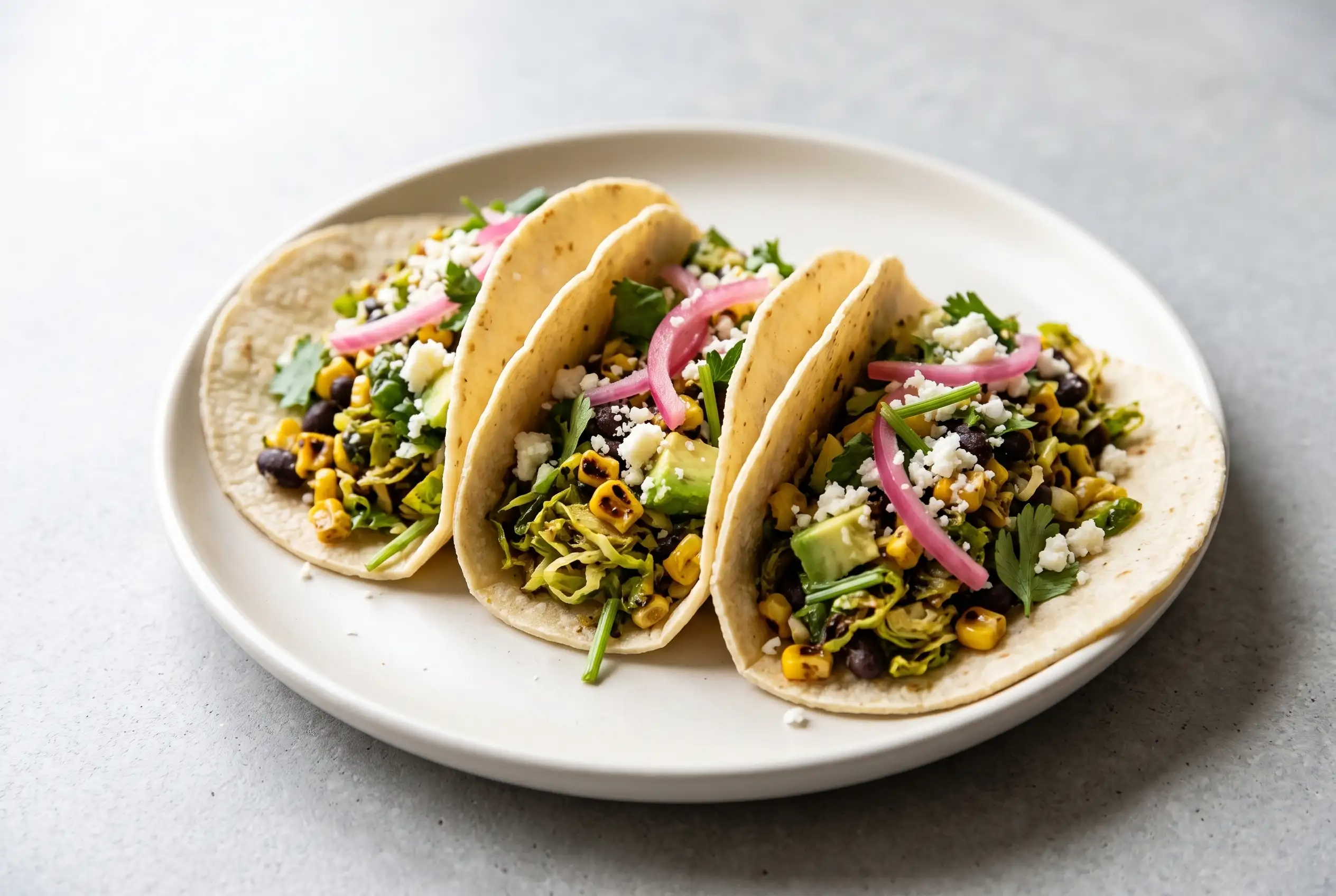 Brussels sprouts tacos with roasted corn, herbs, avocado, and cotija on a plate