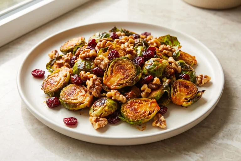Gochujang butter Brussels sprouts with walnuts and cranberries on a ceramic plate