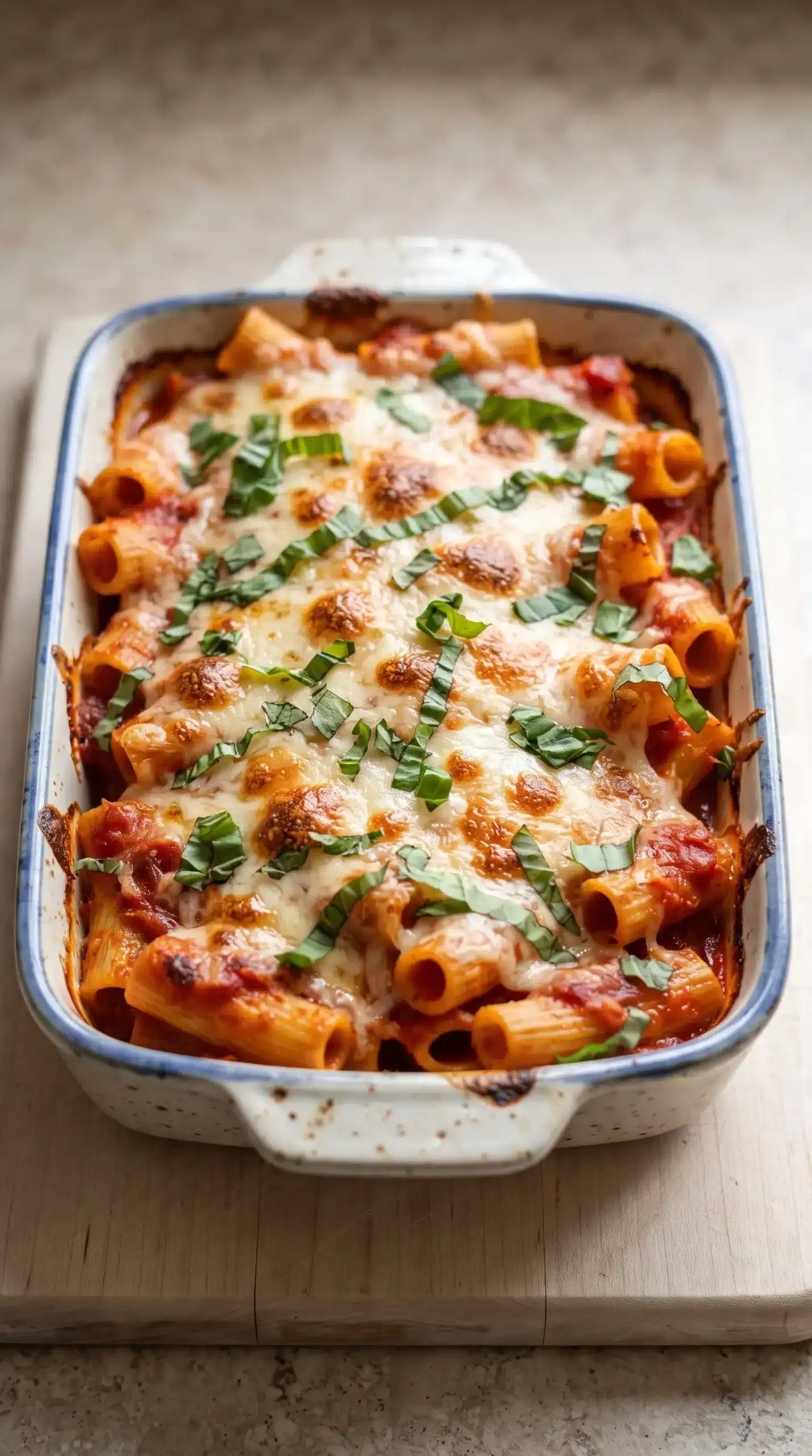 Baked caprese rigatoni topped with melted cheese and fresh basil after finishing