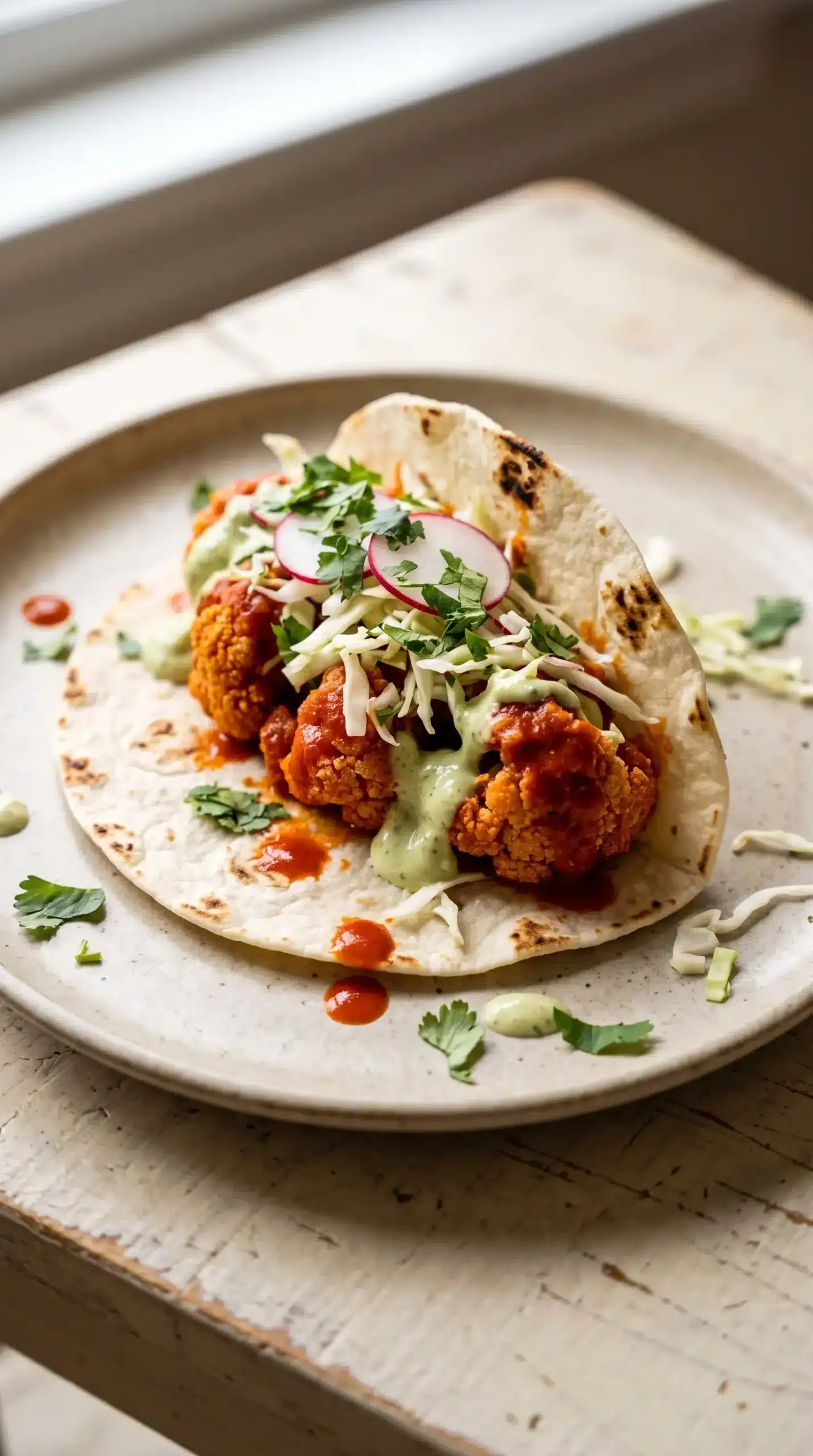 Buffalo cauliflower taco with avocado crema, cabbage slaw, and crispy baked cauliflower