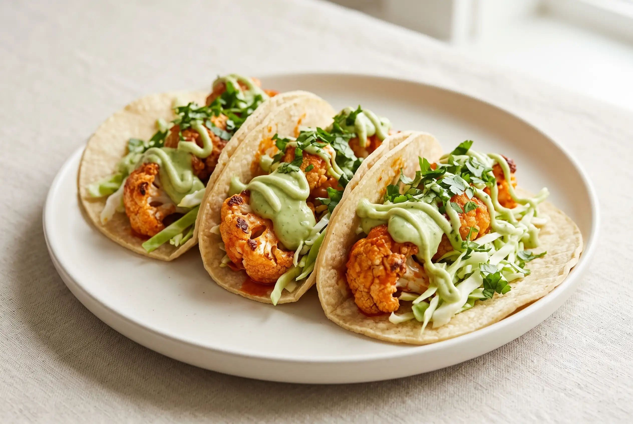 Buffalo cauliflower tacos with avocado crema, crispy cauliflower, slaw, and cilantro on tortillas