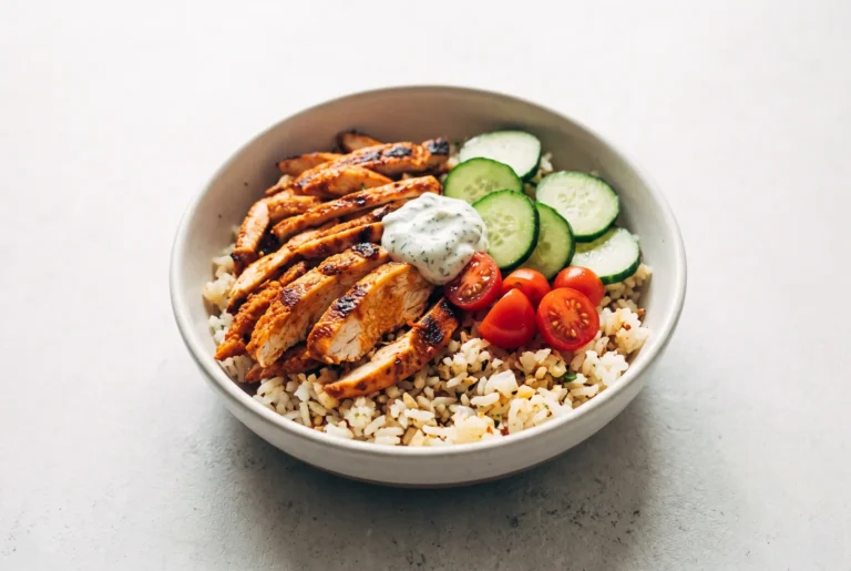 Buffalo chicken bowls with cauliflower garlic rice, vegetables, and creamy topping in a ceramic bowl