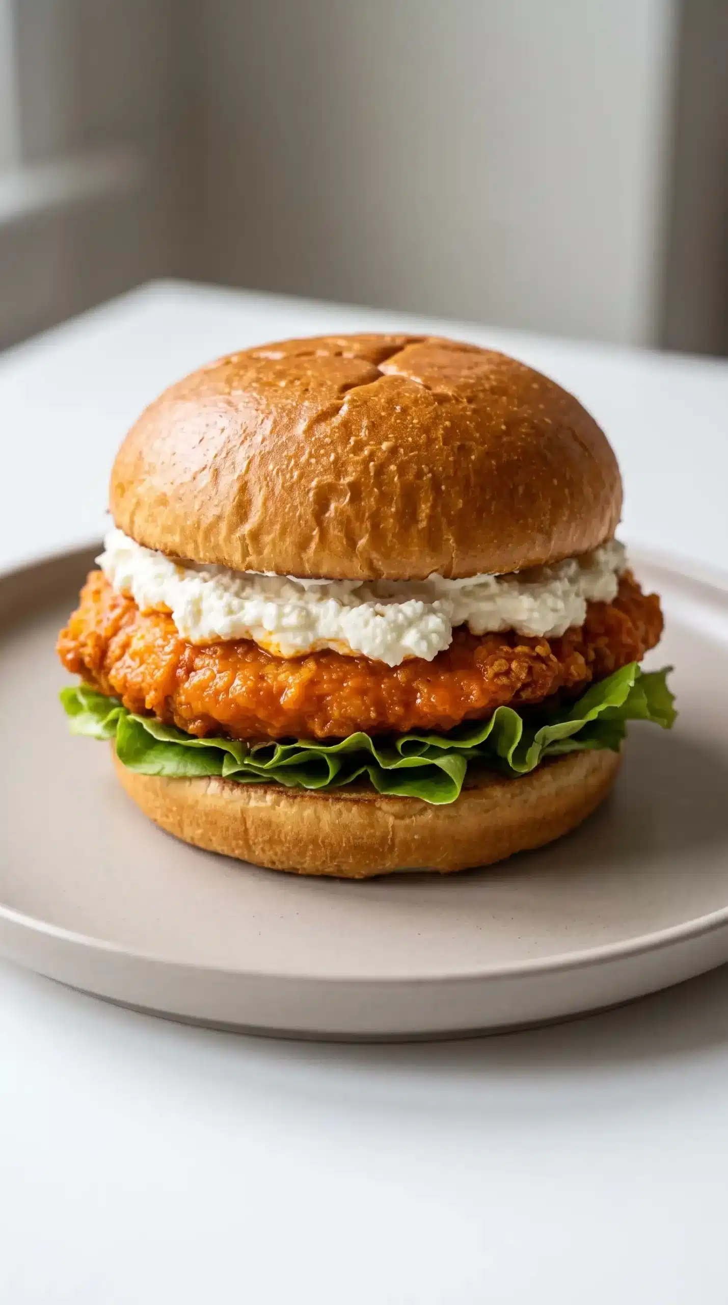 Assembled buffalo chicken burger with whipped feta spread, lettuce, and soft bun