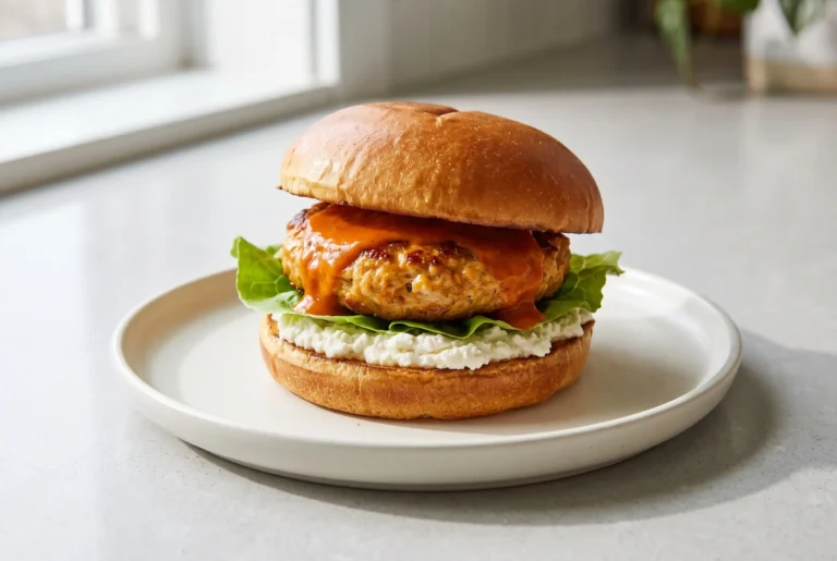 Buffalo chicken burger with whipped feta spread, lettuce, and a golden chicken patty on a plate