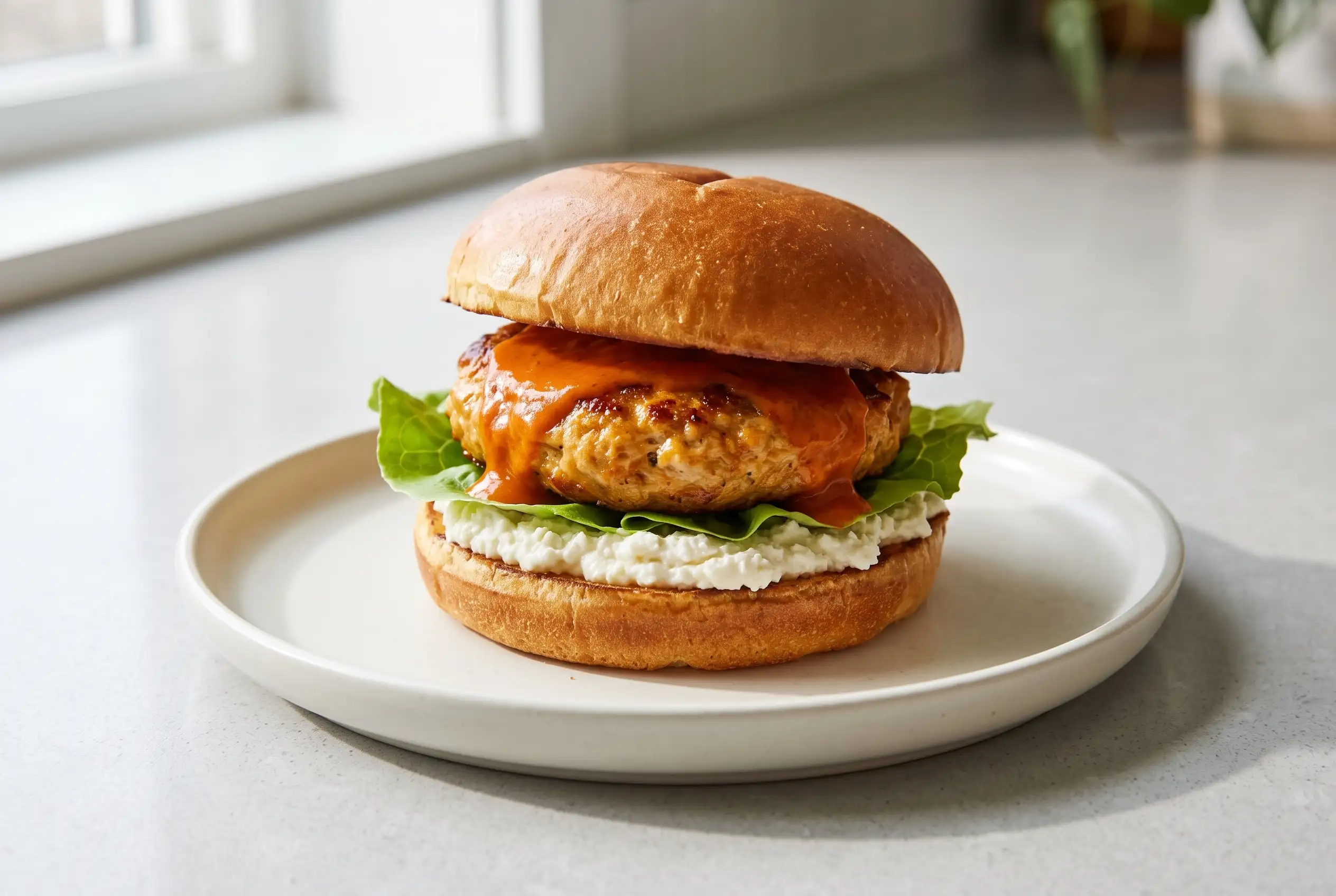 Buffalo chicken burger with whipped feta spread, lettuce, and a golden chicken patty on a plate
