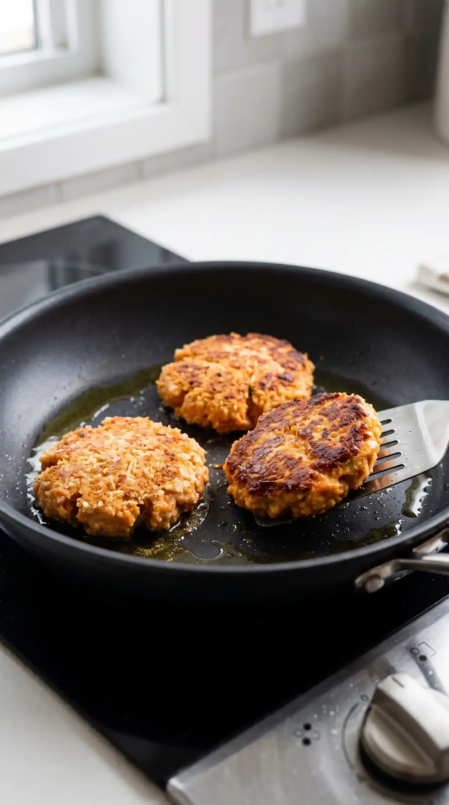 Ground chicken burger patties browning in a skillet during cooking