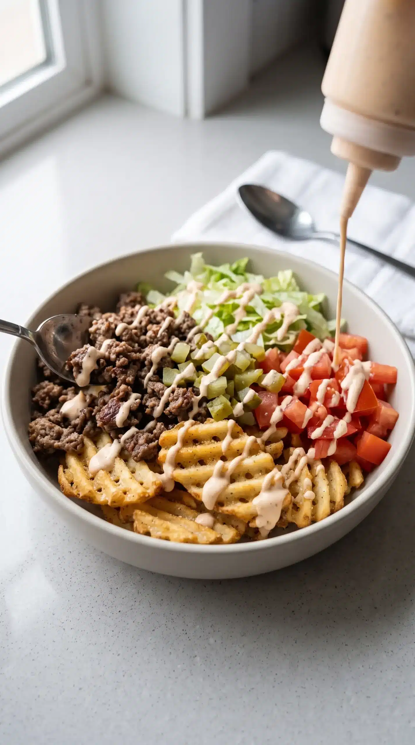 Burger bowl assembly with fries, beef, vegetables, pickles, and house sauce