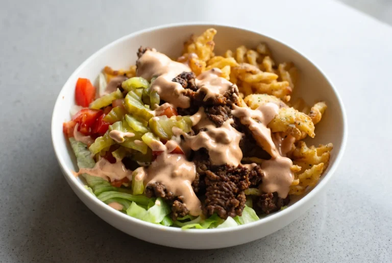 Burger bowls with browned beef, ranch fries, fresh vegetables, and creamy house sauce