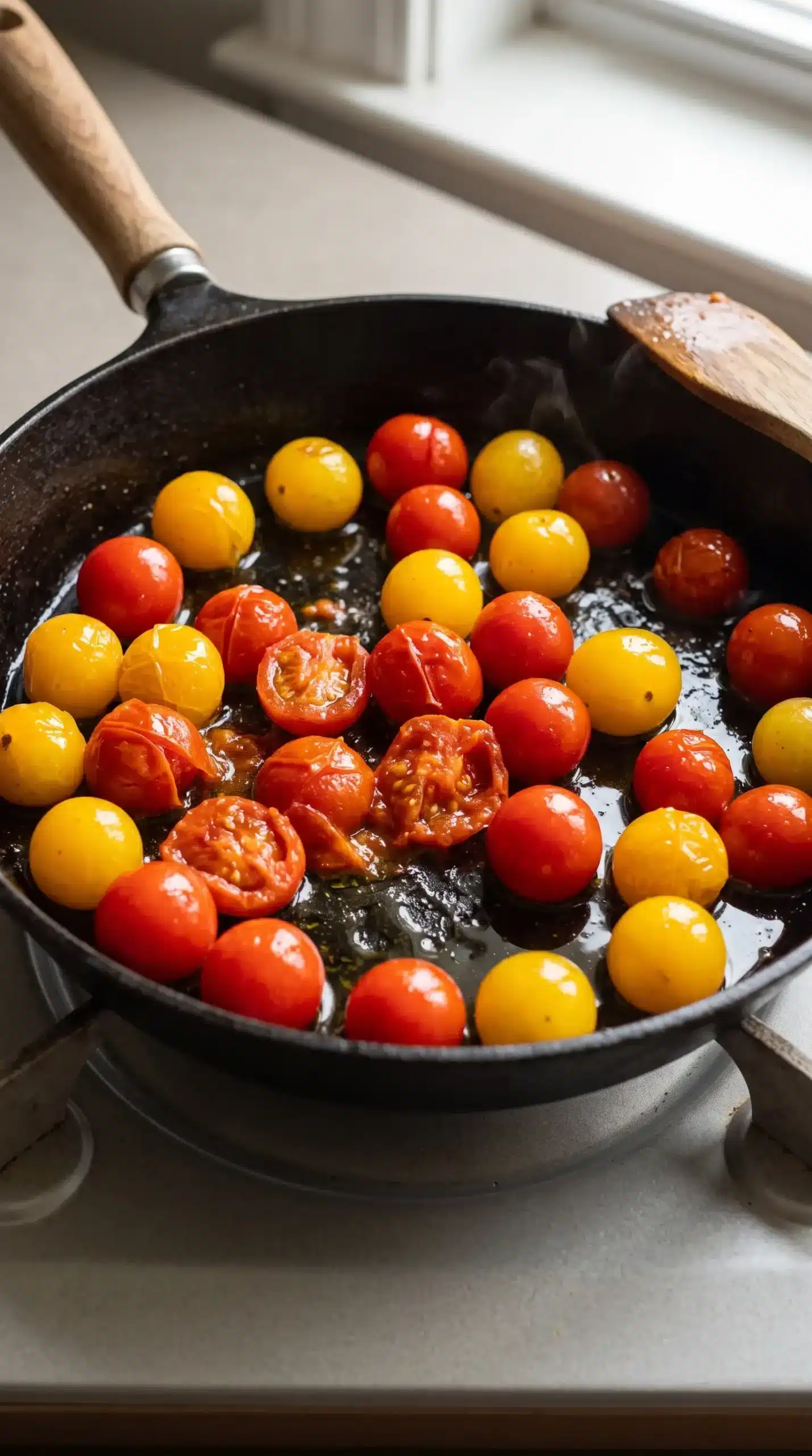 Cherry tomatoes cooking in a skillet as their skins soften for zucchini spaghetti