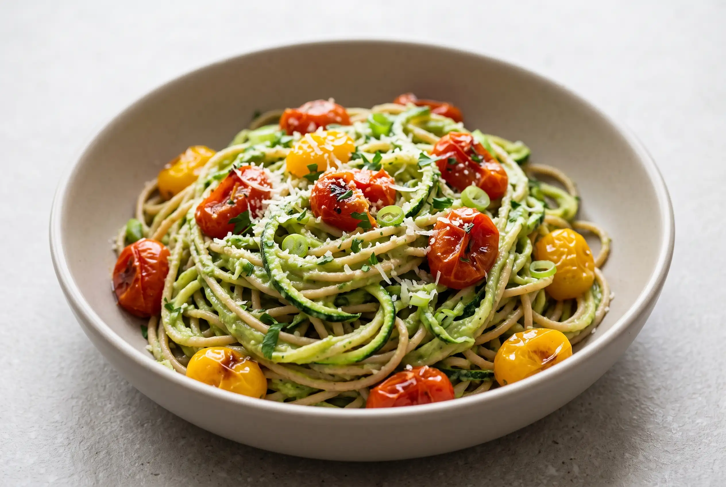 Tomato zucchini spaghetti with avocado sauce, cherry tomatoes, and zucchini strands in a bowl