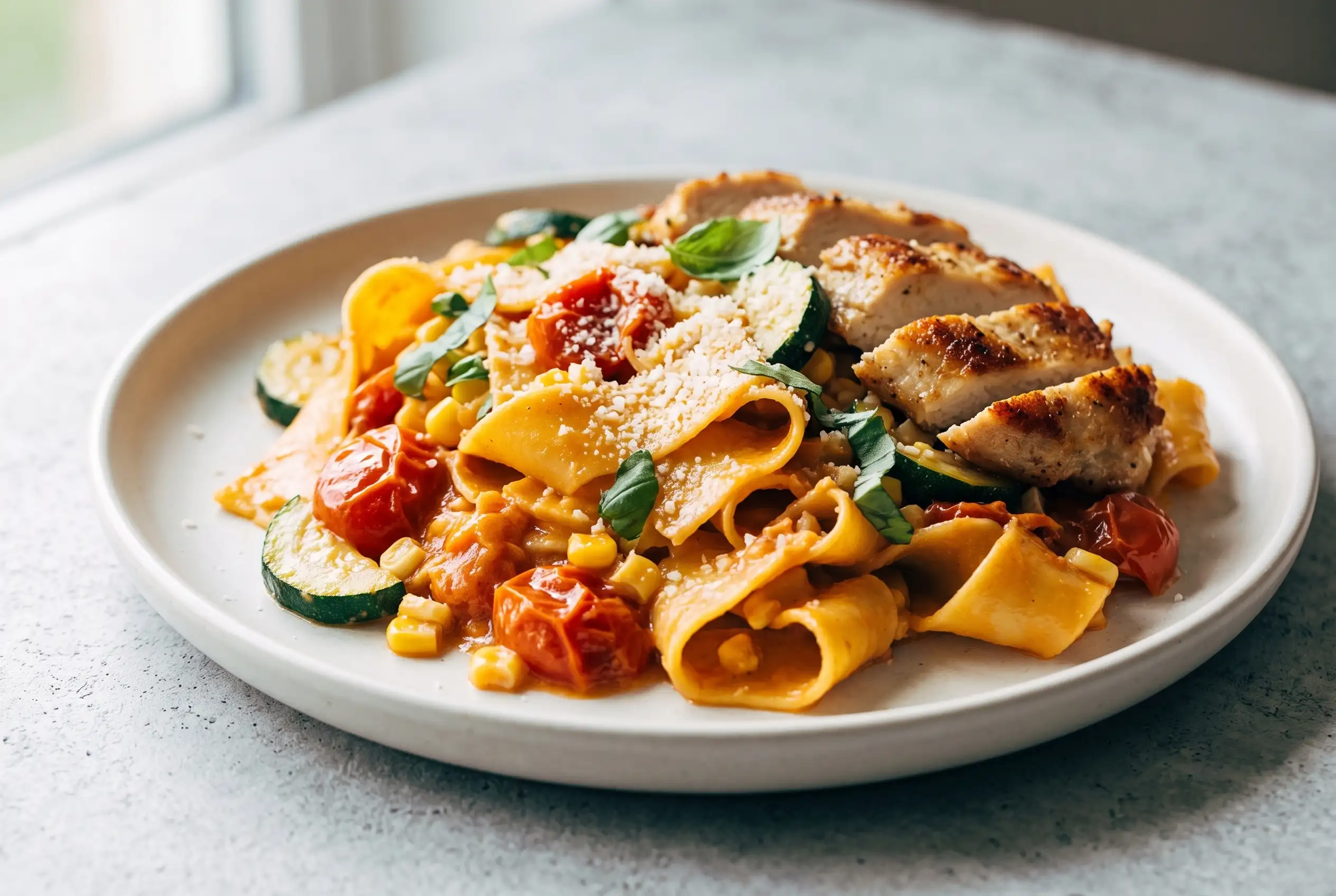 Burst tomato pappardelle with zucchini and chicken on a plate with creamy tomato sauce