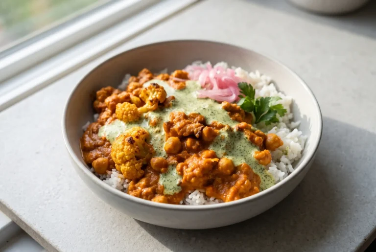 Butter cauliflower chickpeas curry bowl with rice and mint cilantro sauce drizzle
