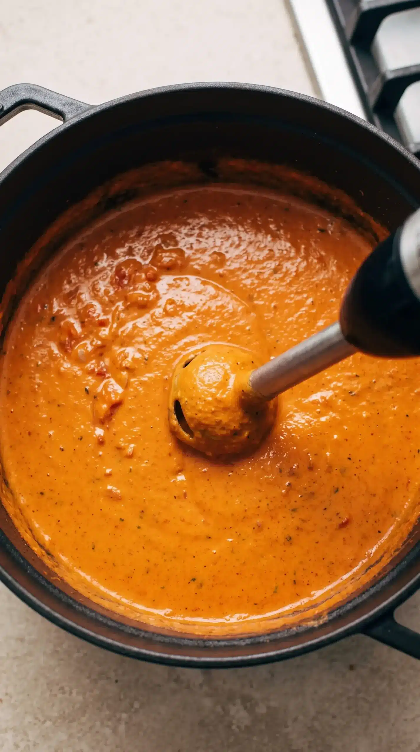 Blended creamy tomato curry sauce for butter chicken meatballs in a pot