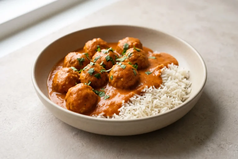 Butter chicken meatballs in creamy tomato sauce served over fluffy basmati rice