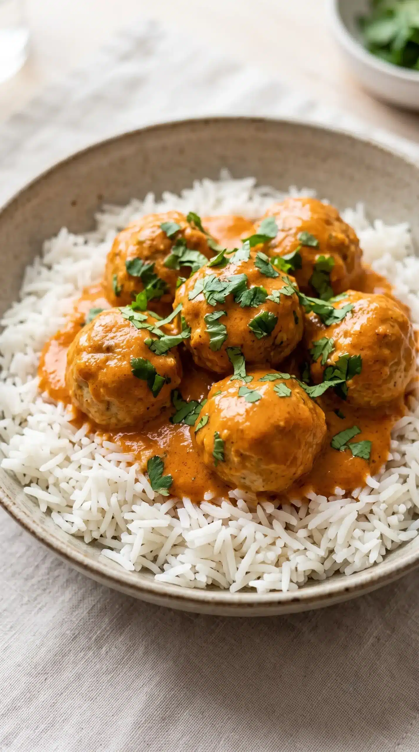 Butter chicken meatballs with creamy sauce served over basmati rice