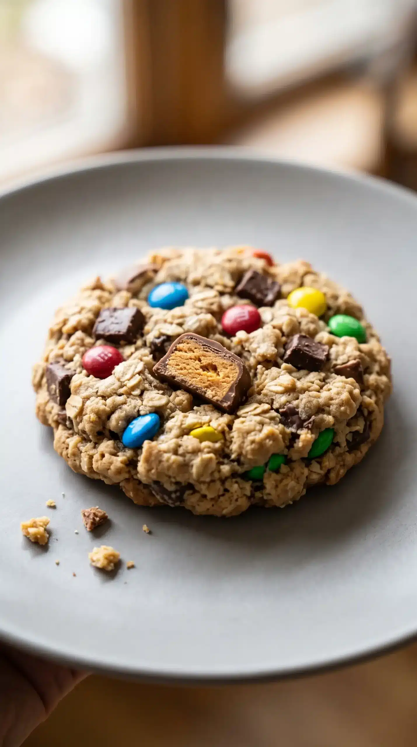 Close-up of a Butterfinger monster cookie with crunchy candy pieces and chocolate chunks