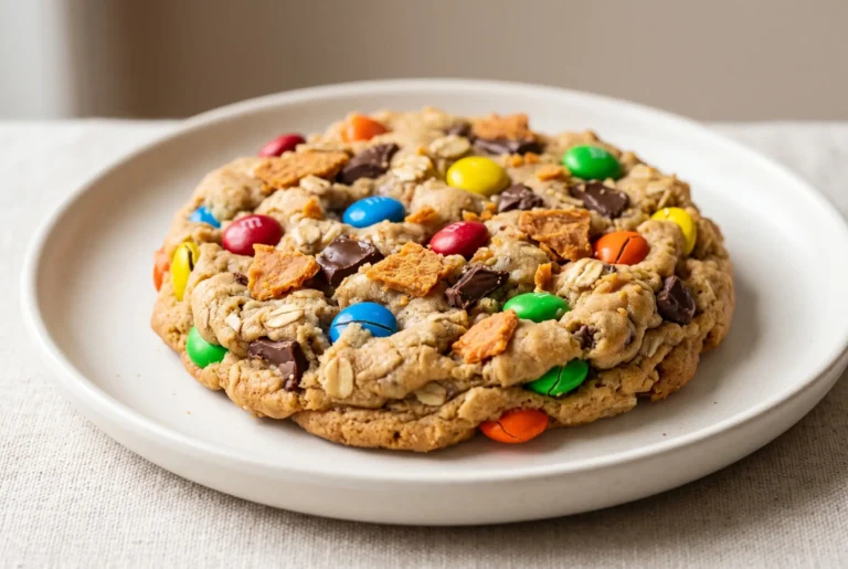 Butterfinger monster cookie with peanut butter, oats, M&M candies, chocolate, and candy pieces