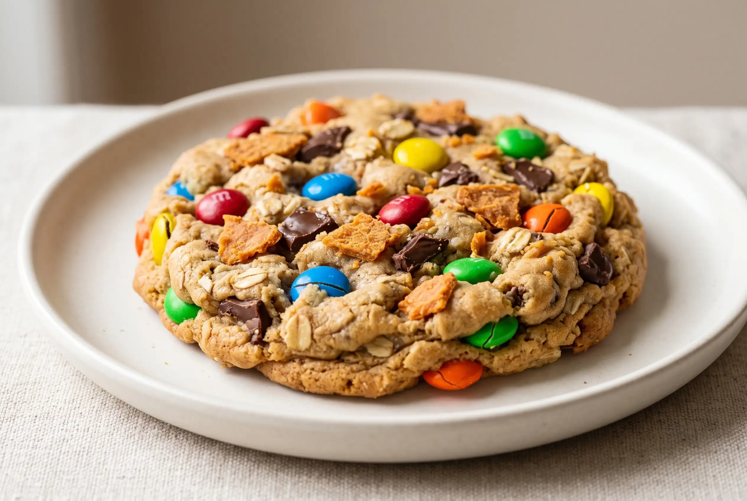 Butterfinger monster cookie with peanut butter, oats, M&M candies, chocolate, and candy pieces