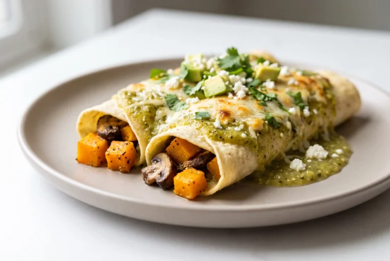 Butternut squash enchiladas with roasted tomatillo sauce, cheese, cilantro, and avocado on a plate