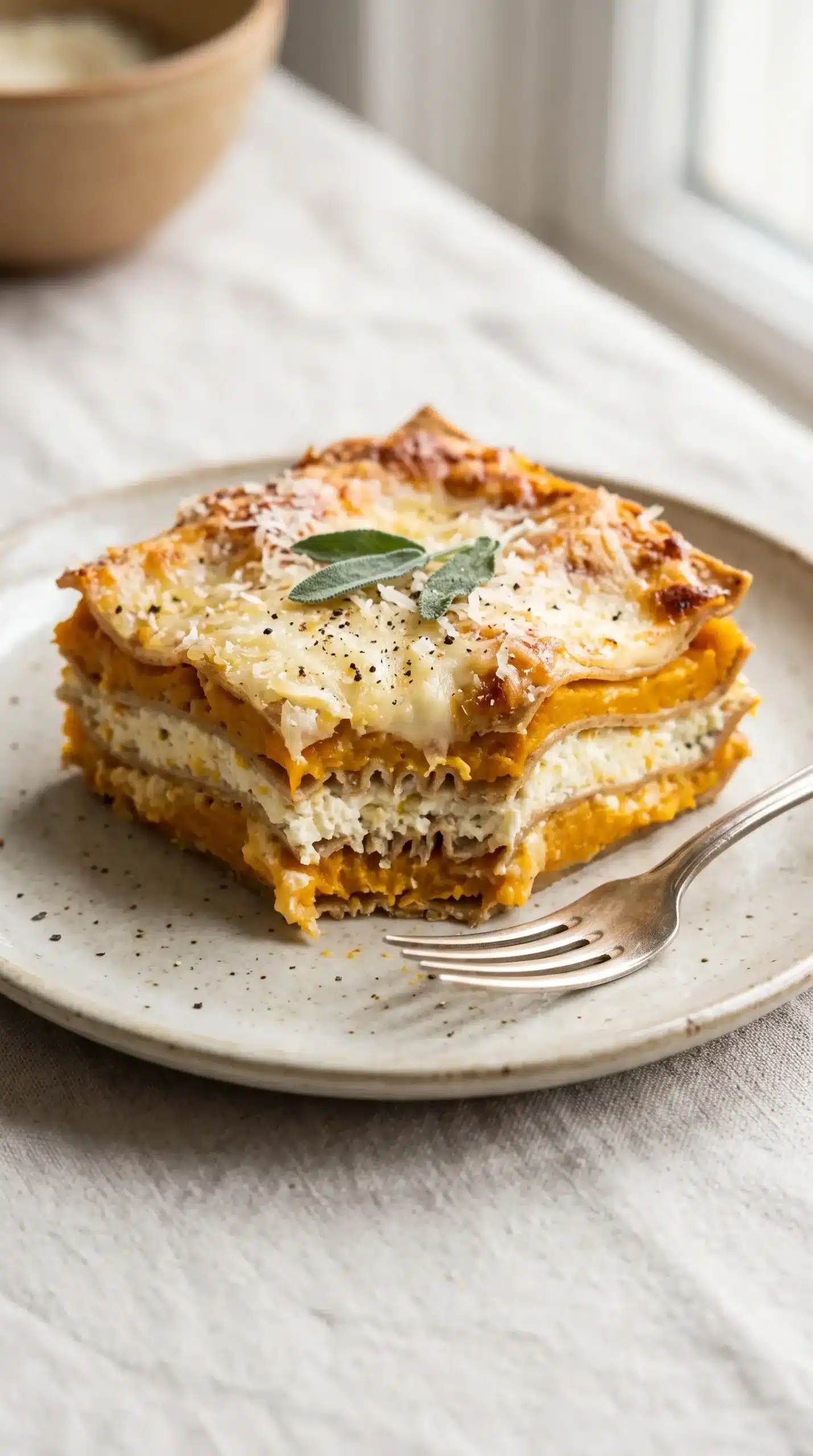 Single serving of butternut squash lasagna with ricotta layers and Parmesan topping