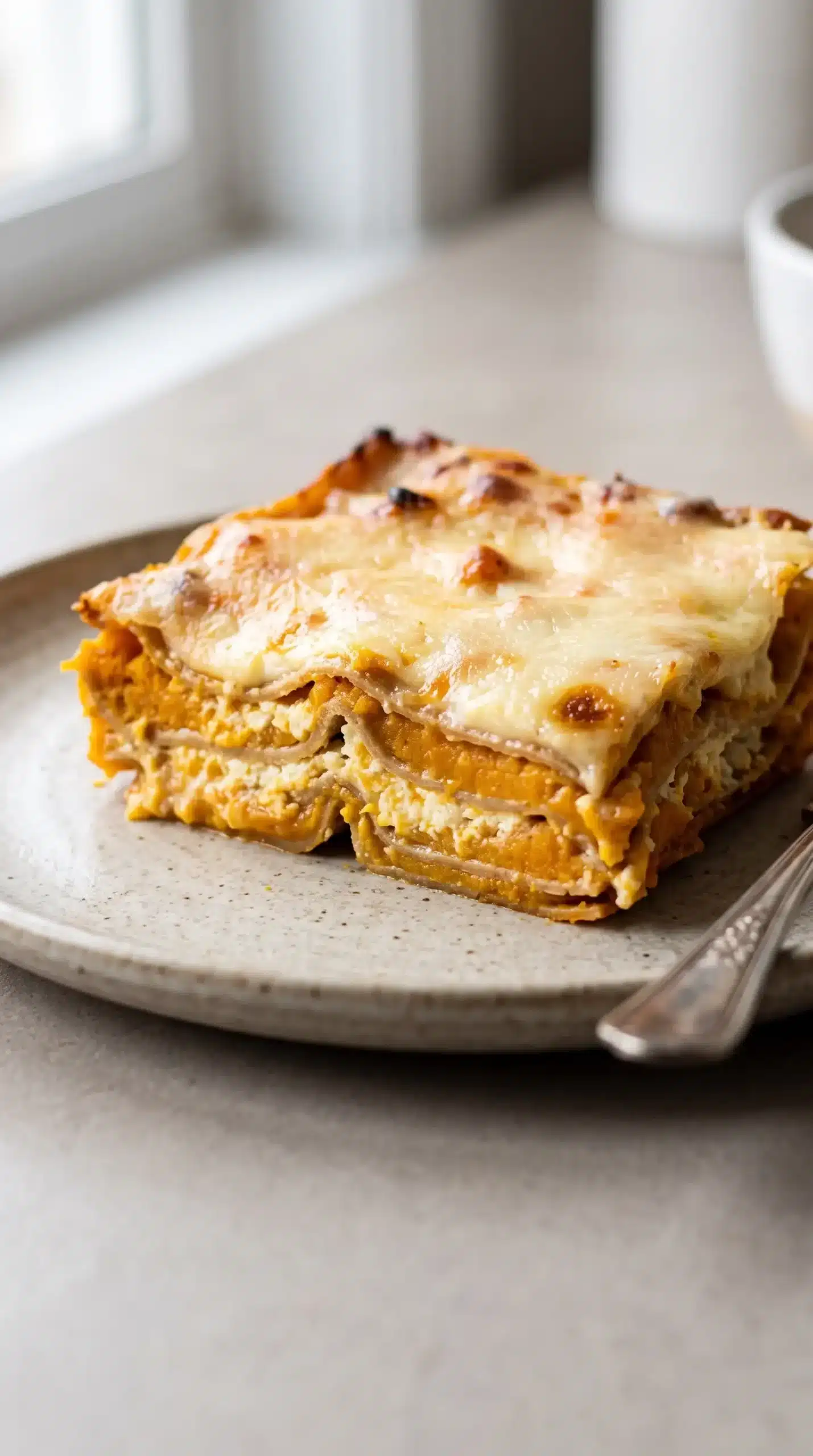 Served butternut squash lasagna slice showing creamy squash and ricotta layers