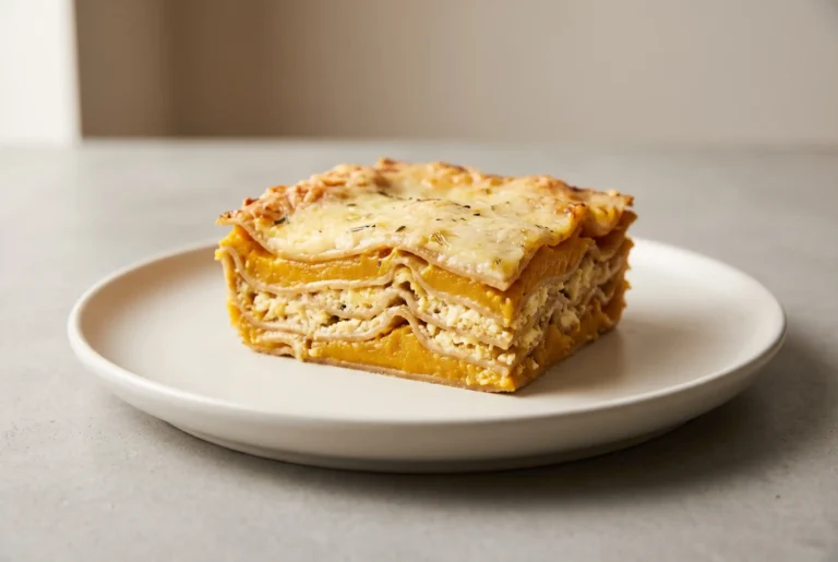 Butternut squash lasagna slice with Parmesan and ricotta layers on a ceramic plate