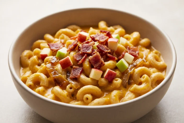 Butternut squash mac and cheese with bacon and apples in a bowl with creamy pasta and toppings