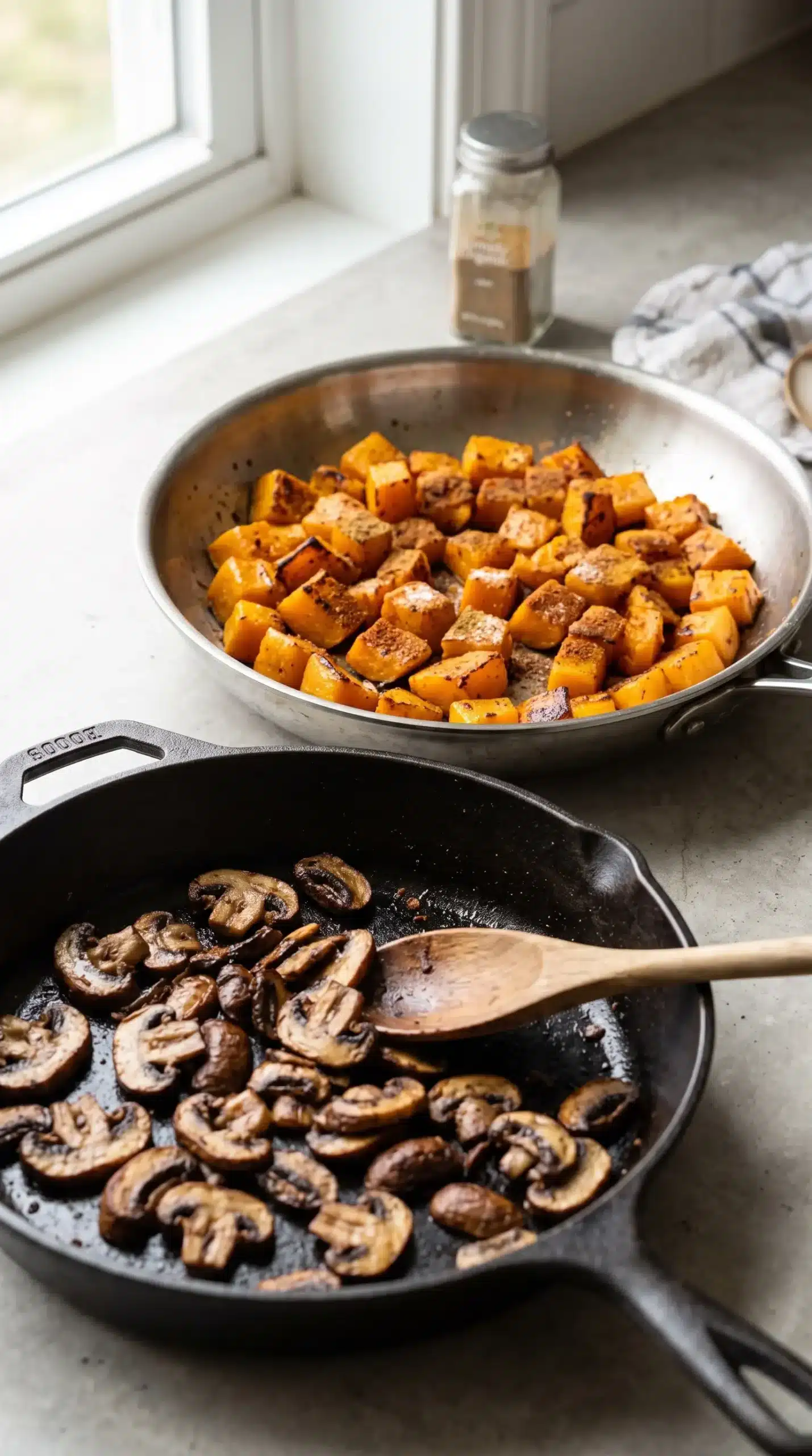 Butternut squash and browned mushroom filling cooking for enchiladas