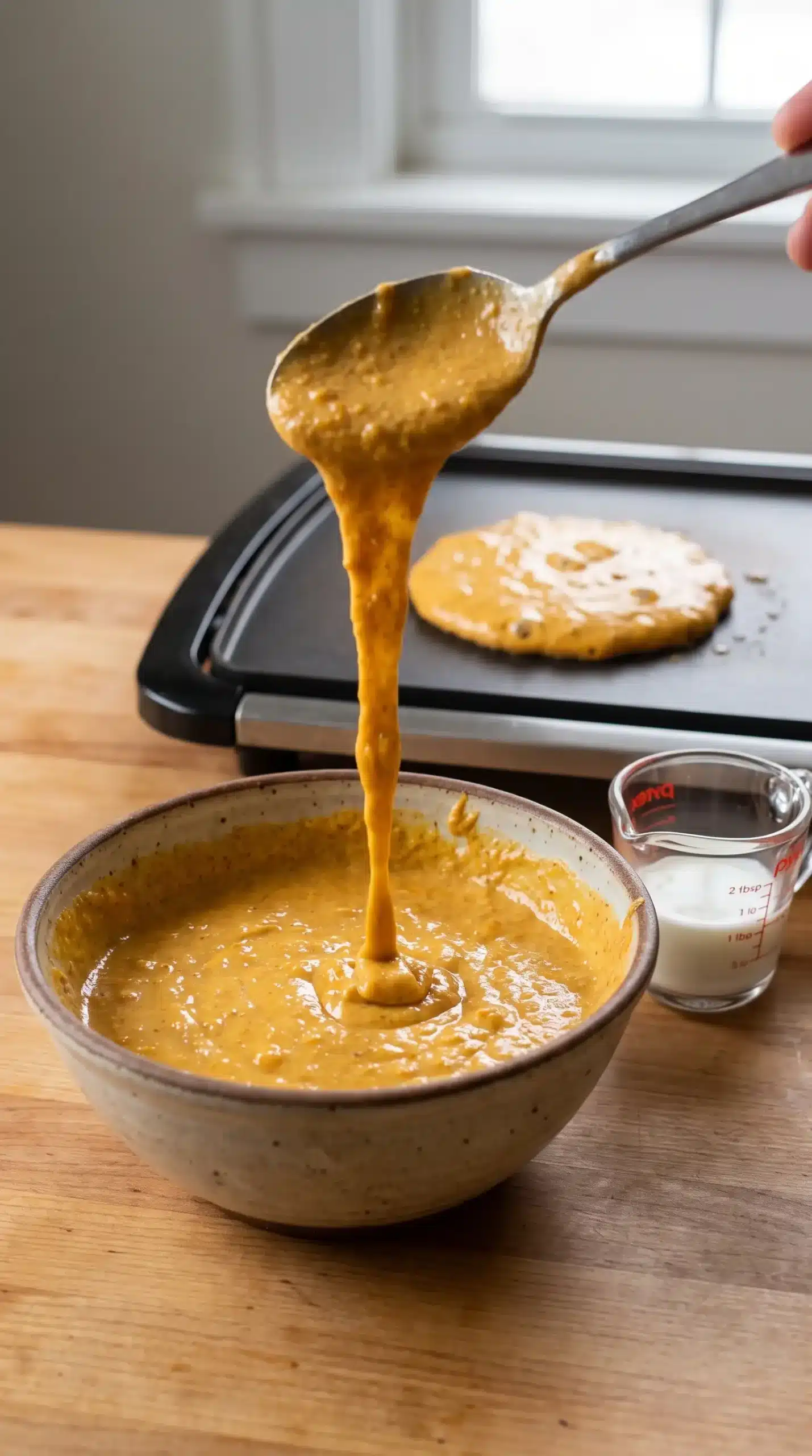 Professional food photography close-up of thick butternut squash pancake batter being tested before cooking: a bowl containing golden-orange batter with visible smooth squash consistency, a measuring cup holding a small amount of milk beside it, and a spoon showing the batter's thick texture as it slowly falls back into the bowl. Include a nonstick griddle in the background with one pancake just beginning to cook at medium heat, showing the edges starting to set. Capture the cooking control stage of this exact recipe with whole wheat flour and squash batter, without showing a final serving plate. Natural kitchen lighting, realistic preparation scene, simple uncluttered surface.