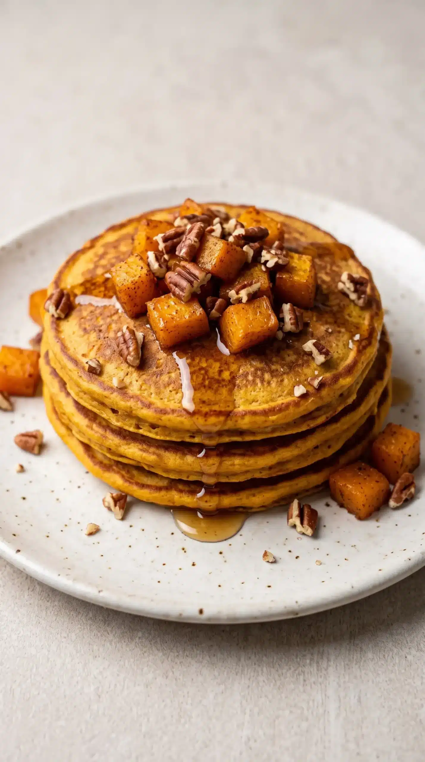 Serving of butternut squash pancakes topped with pecans, squash pieces, and maple syrup