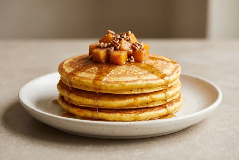 Stack of butternut squash pancakes with pecans, cinnamon, and maple syrup on a ceramic plate