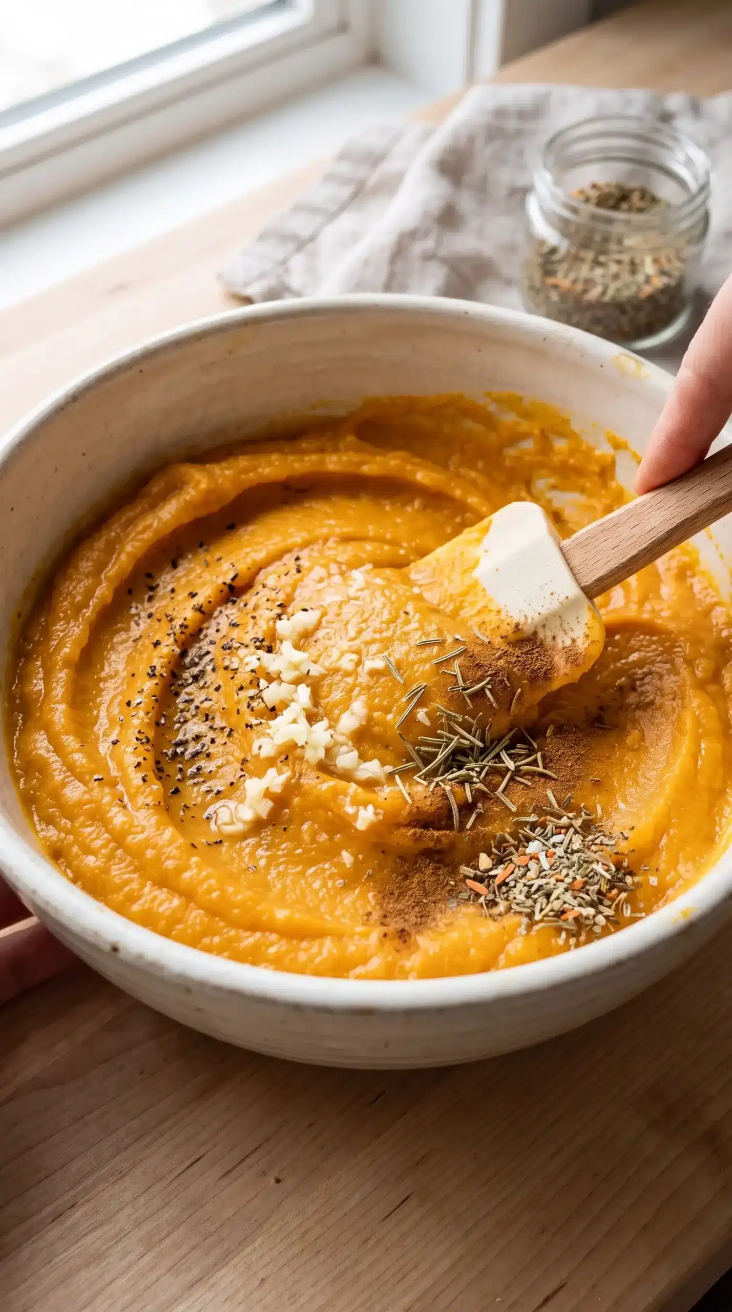 Smooth butternut squash purée seasoned for lasagna filling in a bowl