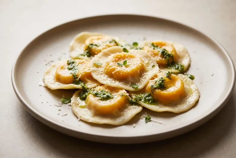 Butternut squash ravioli with kale pesto served on a ceramic plate with Parmesan garnish