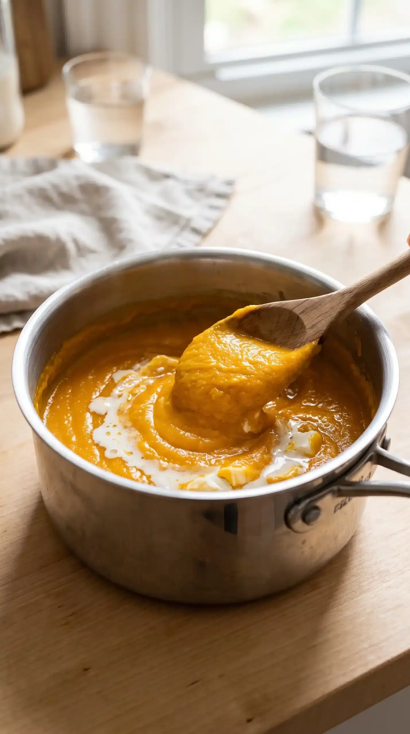 Butternut squash sauce with evaporated milk and cream cheese being stirred in a saucepan