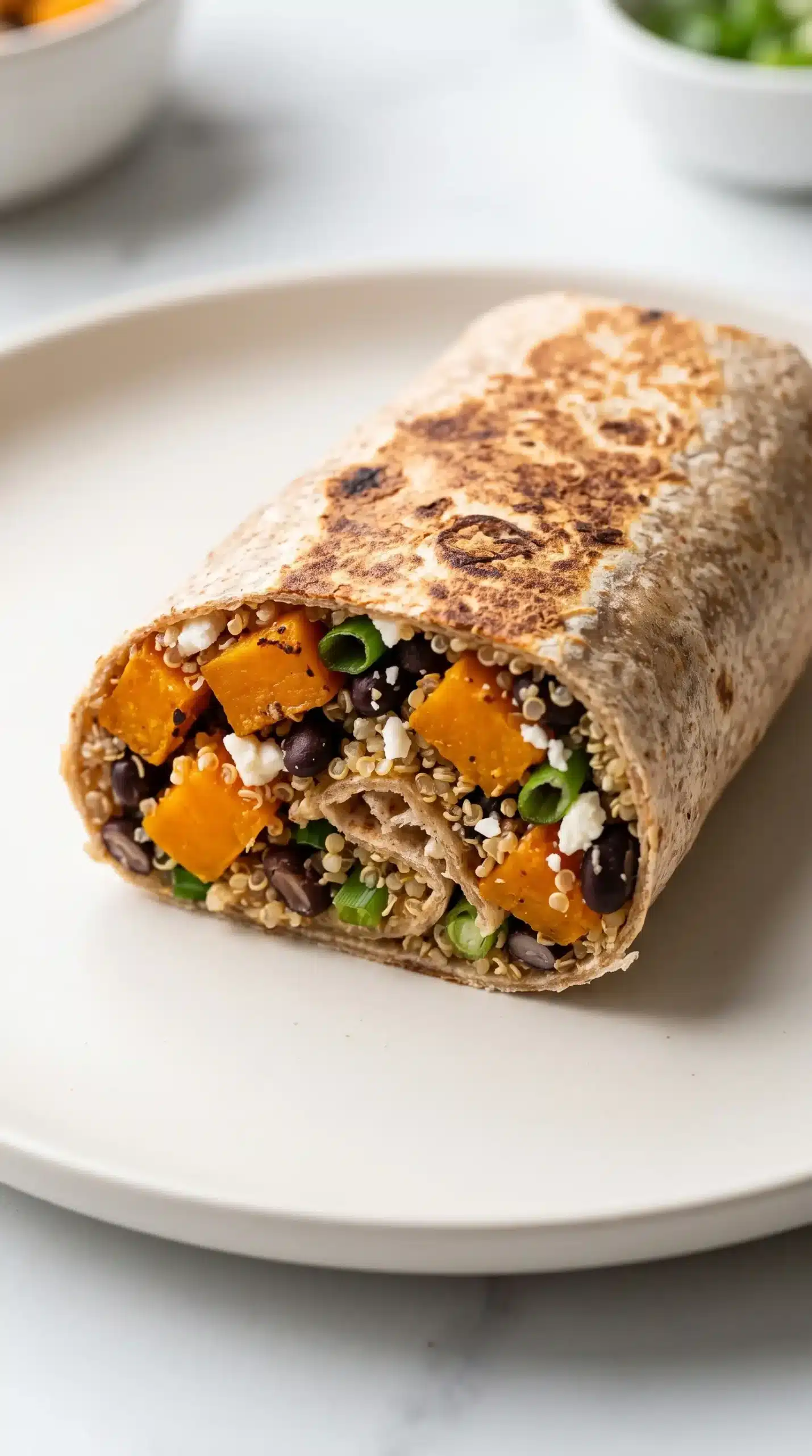 Grilled butternut squash wrap cut open with quinoa, black beans, and squash filling
