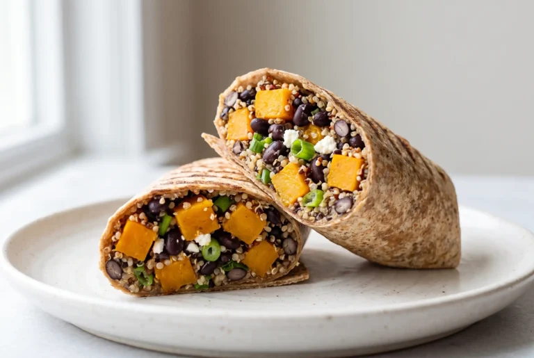 Butternut squash wrap with black beans and quinoa filling cut in half to show layers