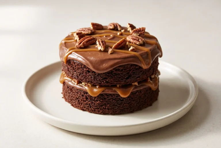 Cafe latte turtle cake for two with chocolate layers, coffee frosting, caramel drizzle, and pecan topping